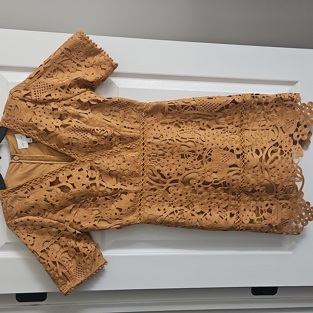 Adelyn Rae Lace V-neck Short Sleeve  Sheath Mini Dress: Color- Mustard - Picture 3 of 11